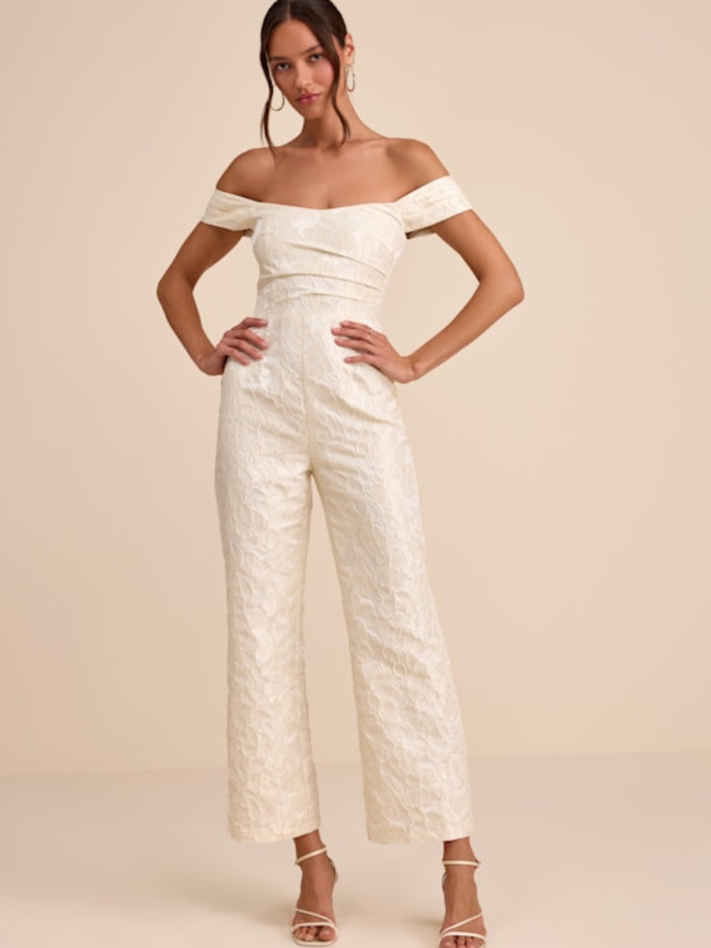 Lulus Jaz Ivory Floral Jacquard Off-the-shoulder Jumpsuit White - Size L